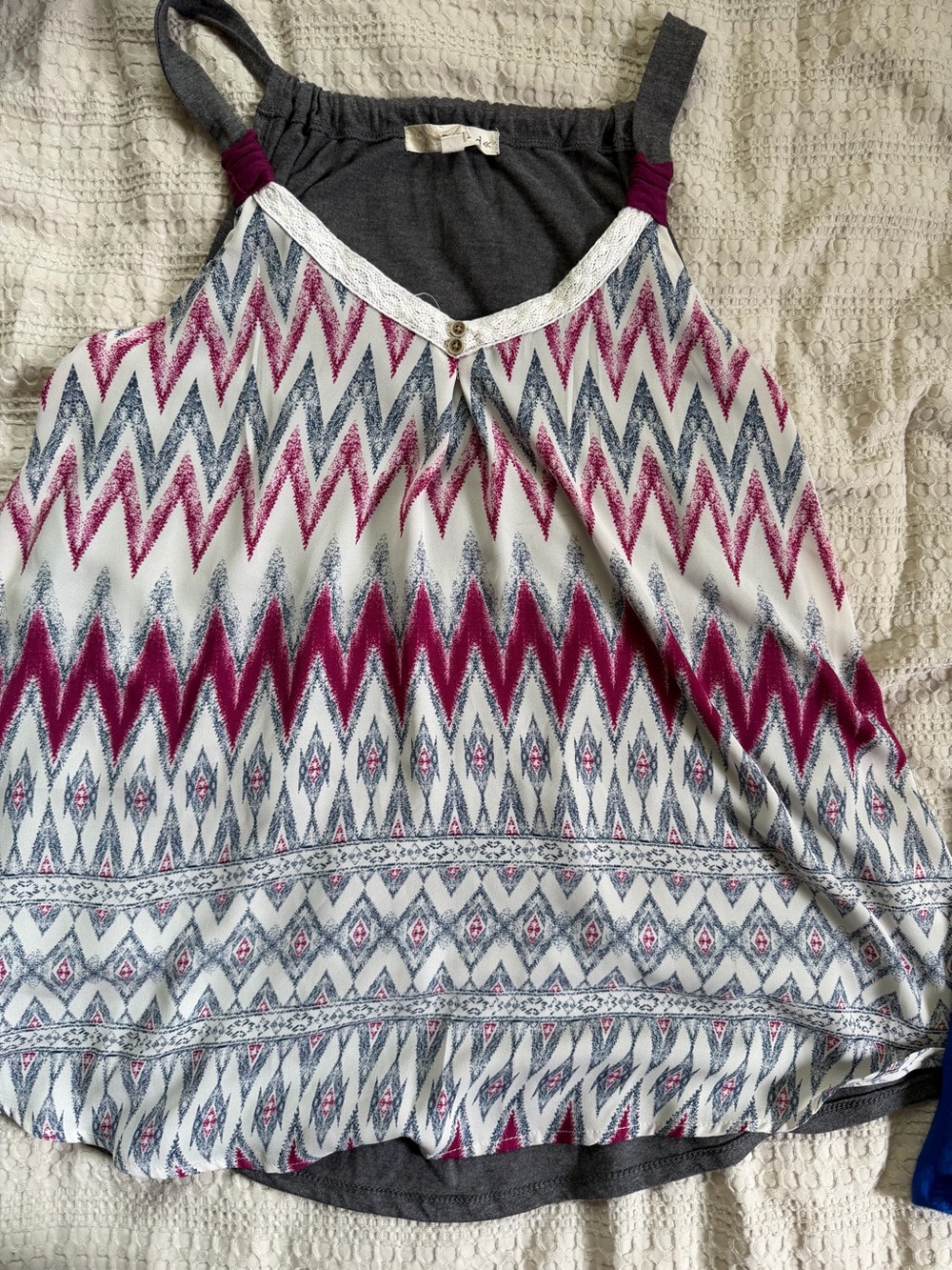 Rewind White Tank Top with Magenta & Gray Chevron Print